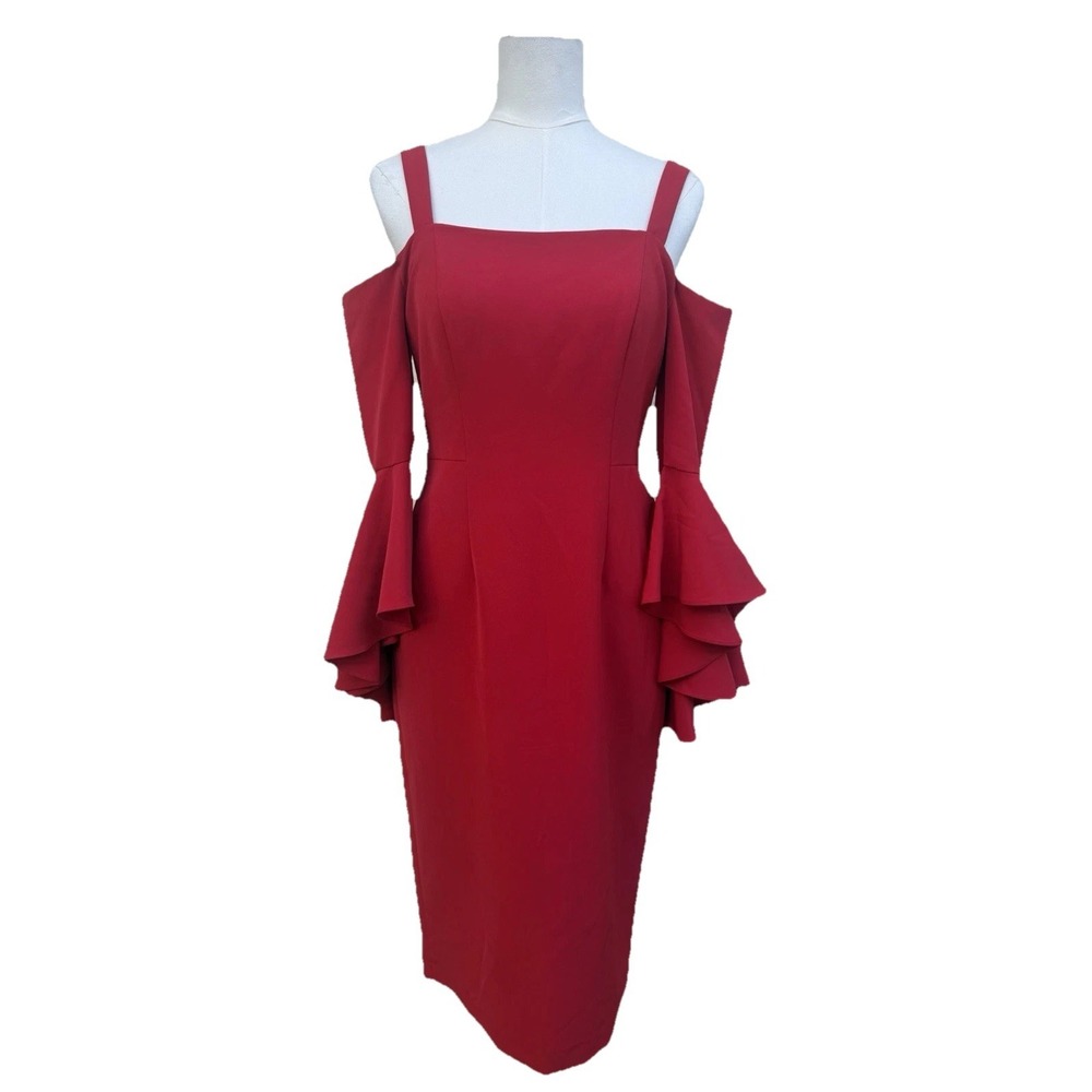 Maggy London Red Cold Shoulder Ruffle Sleeve Sheath Cocktail Dress Womens 4